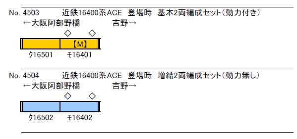 近鉄16400系ACE　登場時　基本2両編成セット（動力付き）／増結2両編成セット（動力無し）　編成画像